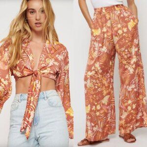 Dynamite SET Heidi Flowy Wide Leg Pants Maeve Tie Front Top Satin Floral Small